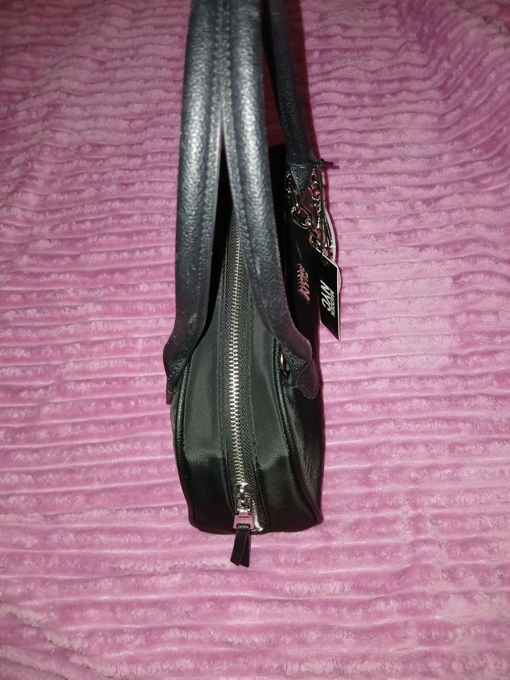 Madden NYC Black East West Bowler Bag Dome Satchel with Silver Heart Charm